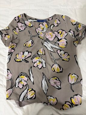 Apt. 9 Taupe Floral Blouse with Pink and Yellow Accents